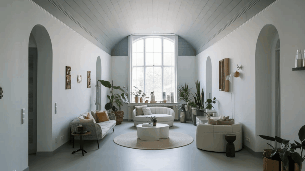 bright living room with a curved white sofa, arched doorways, large windows with plants, and a modern ceiling design