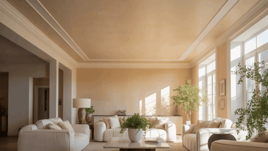 bright living room with beige tray ceiling, cream sofas, large windows, and indoor plants