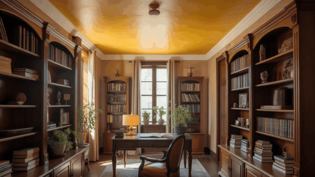 classic home office with a yellow ceiling, wooden bookshelves, desk, and large window with plants