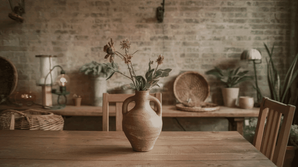 clay vase with flowers on a wooden table with rustic decor and brick wall backdrop