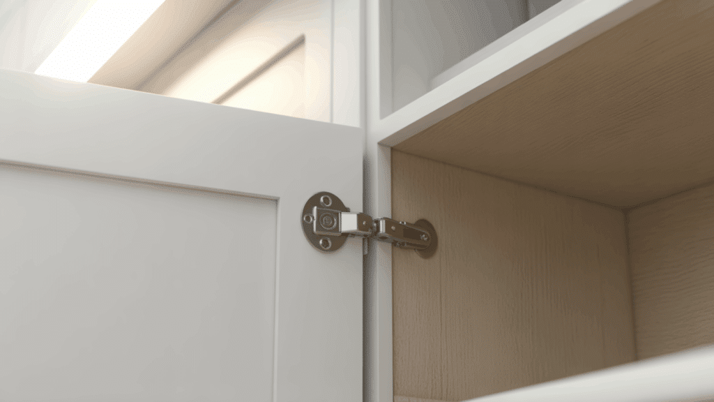 clip on cabinet hinge on an open white modern kitchen cabinet showing the round mounting plates on the door and cabinet frame
