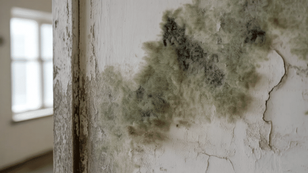 close up of green and black mold growing along a cracked, peeling interior wall near a window, showing clear signs of moisture damage