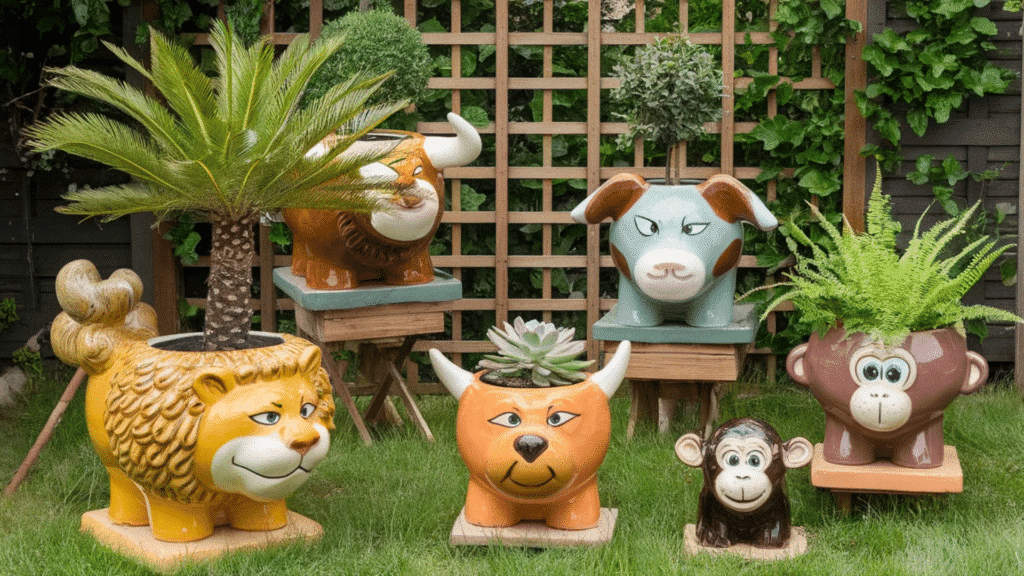 colorful animal-shaped planters with plants inside, including a lion, bull, dog, monkey, and a palm tree