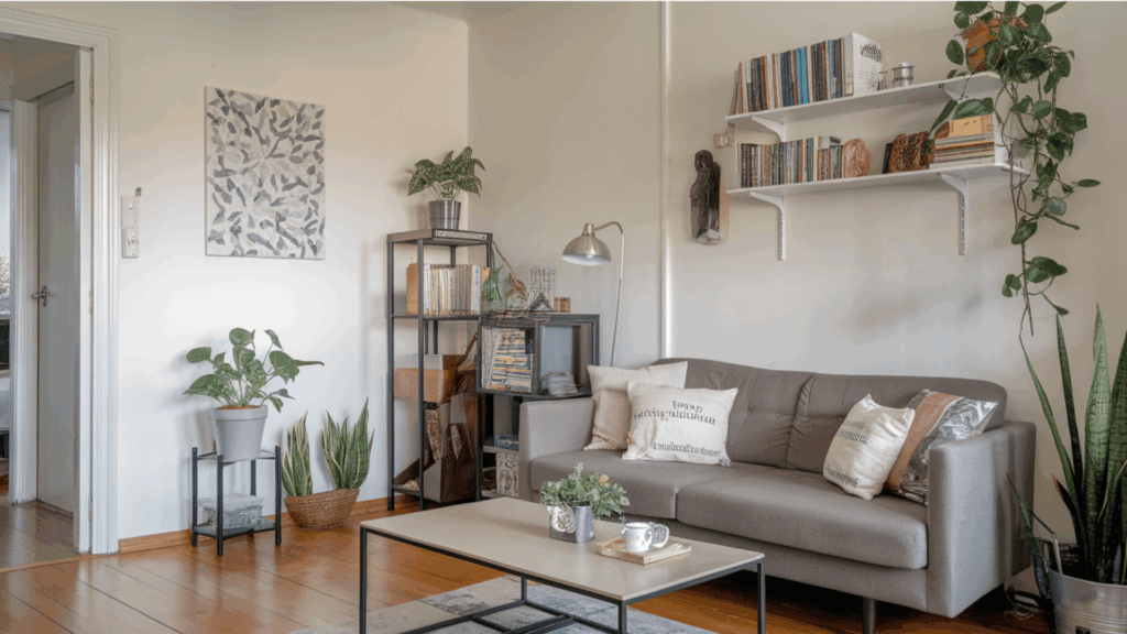 compact living room with gray sofa, wall shelves, indoor plants, and balanced decor arrangement.
