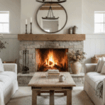 cozy farmhouse living room with rustic wooden accents and a warm fireplace.