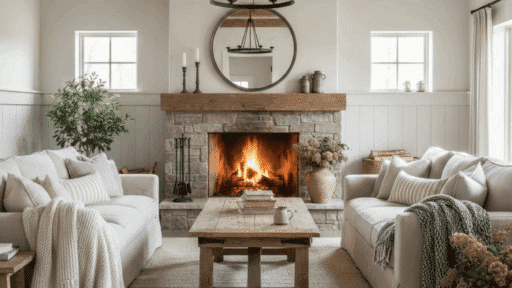 cozy farmhouse living room with rustic wooden accents and a warm fireplace.