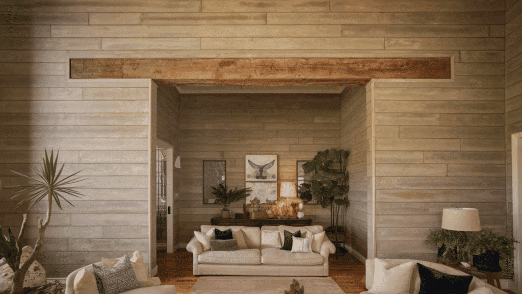cozy living room with a beige sofa, wooden beams, and plants on the wall