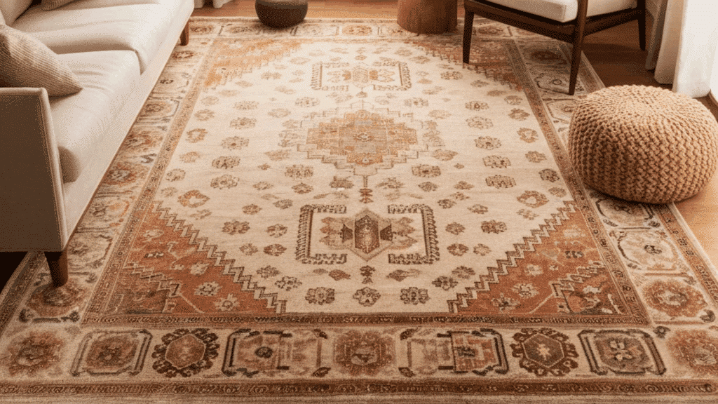 cozy living room with a patterned rug, armchair, sofa, and soft lighting