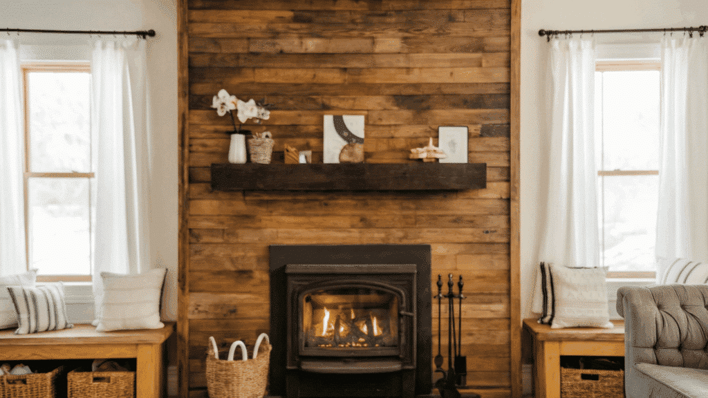 cozy living room with a wood-paneled fireplace, benches, and decorative pillows