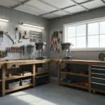 Well-organized woodworking shop with wooden workbenches, tools on pegboards, and drill presses near window