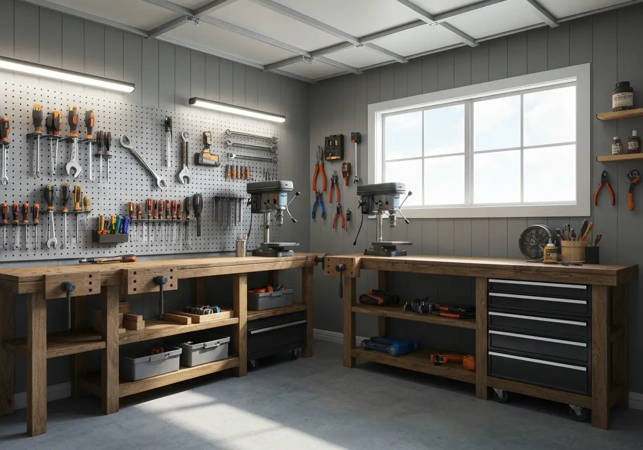 Well-organized woodworking shop with wooden workbenches, tools on pegboards, and drill presses near window