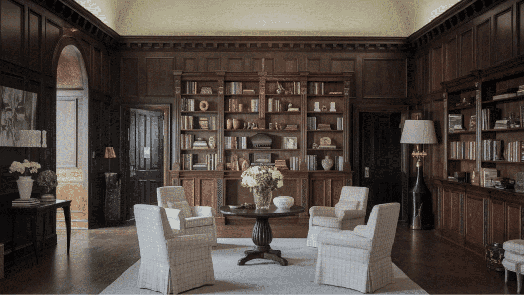 deep tones of dark wood used in conference room of a house