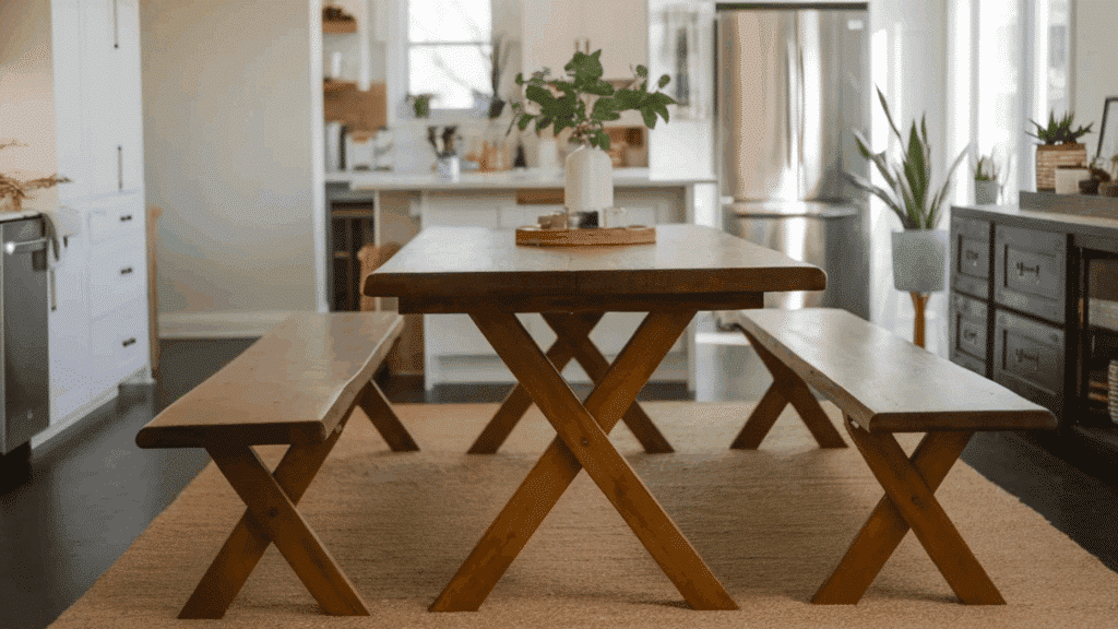 dining area with a wooden table, benches, and white cabinets