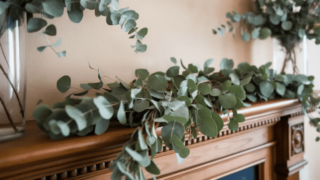 eucalyptus garland on a wooden mantle with two vases in the background