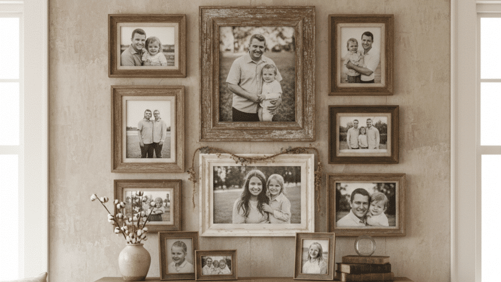 family photo wall with framed black and white images above a wooden console table with books and a vase with flowers