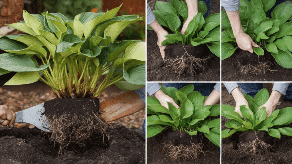 gardener dividing hosta plant clump in early spring and replanting sections in a shaded garden bed