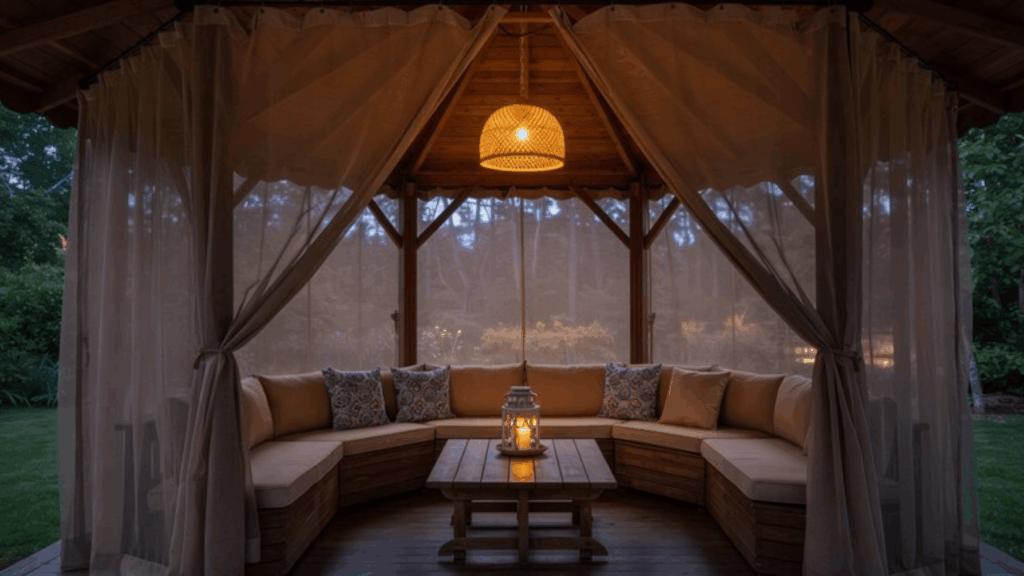 gazebo featuring sheer insect net curtains, wraparound cushioned benches, suspended pendant light fixture