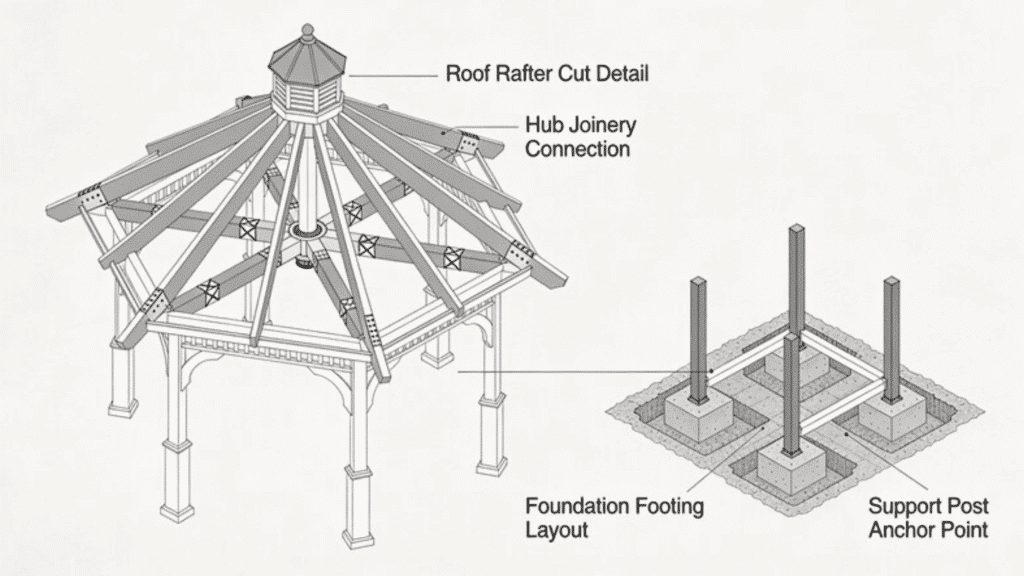 gazebo structure diagram with roof rafter cut, hub joinery, and foundation layout