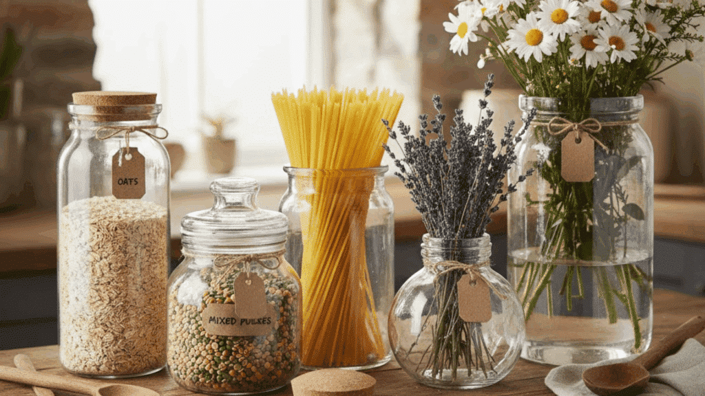 glass jars filled with oats, pasta, and flowers on a wooden kitchen counter