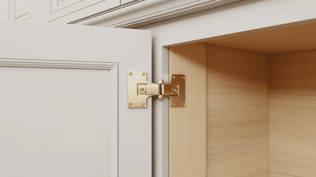 gold brass butt cabinet hinge on an open grey traditional face frame cabinet showing the two rectangular plates and central pin