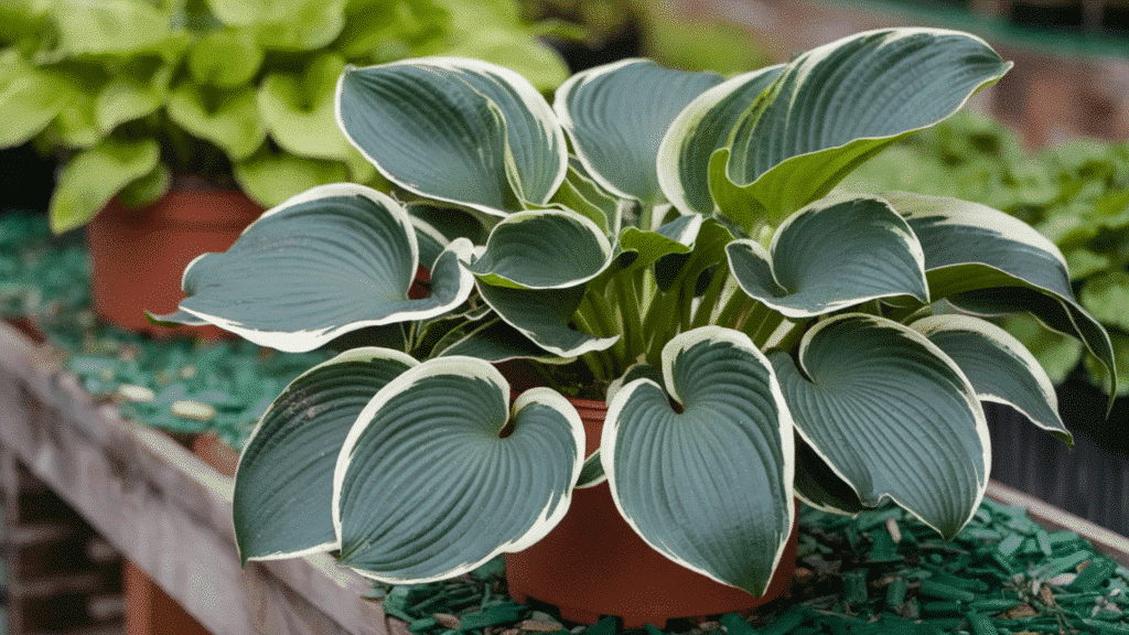 green hosta plant with large textured leaves growing in a plant