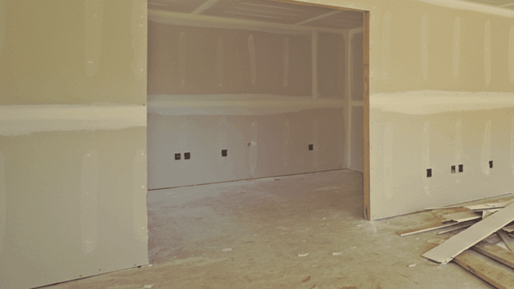 image of drywall installation in a room with visible seams and edges, showing the preparation before finishing and painting