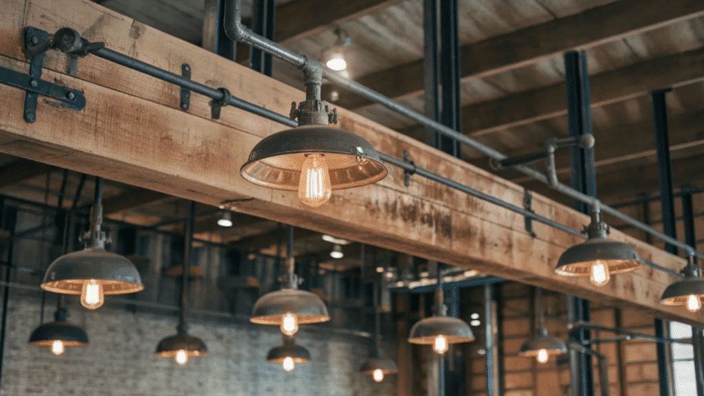 industrial ceiling lights with metal shades and exposed pipes
