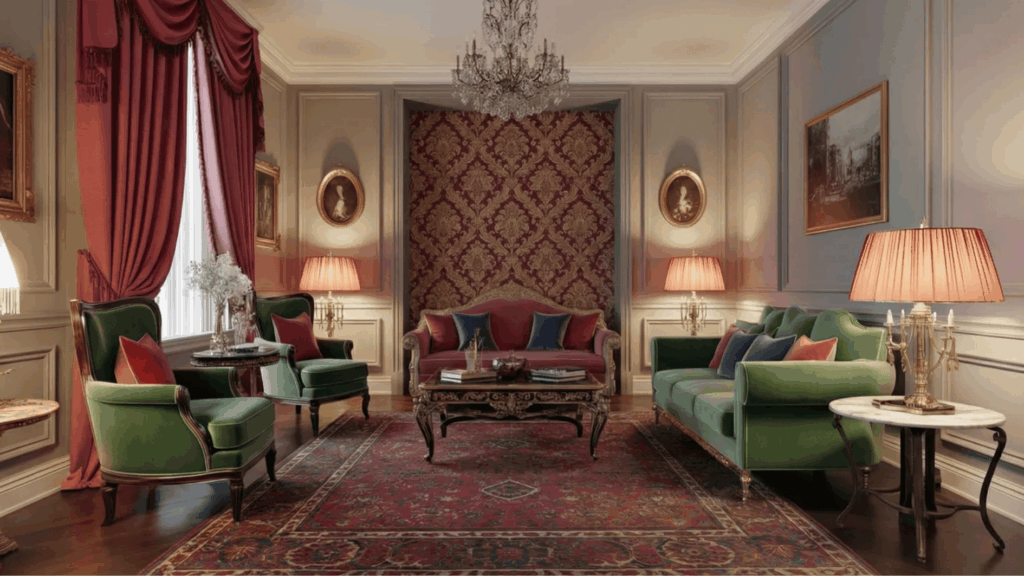 jewel tones with neutral tones ina living room space