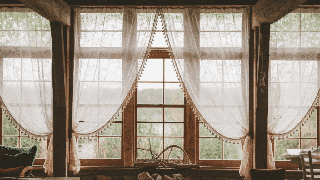 lace curtains hanging in a window with a rustic wooden frame, showcasing a natural outdoor view