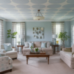 light blue living room with beige sofas and armchairs, wooden coffee table, large windows with patterned curtains, and a ceiling with pale blue polka dots