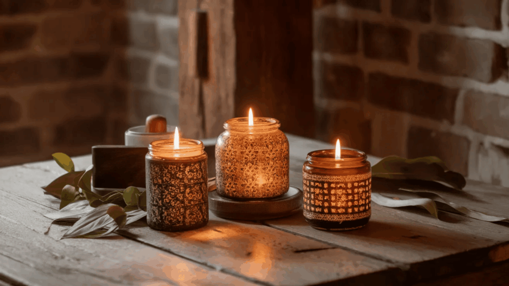lit candles with decorative jars on a wooden table