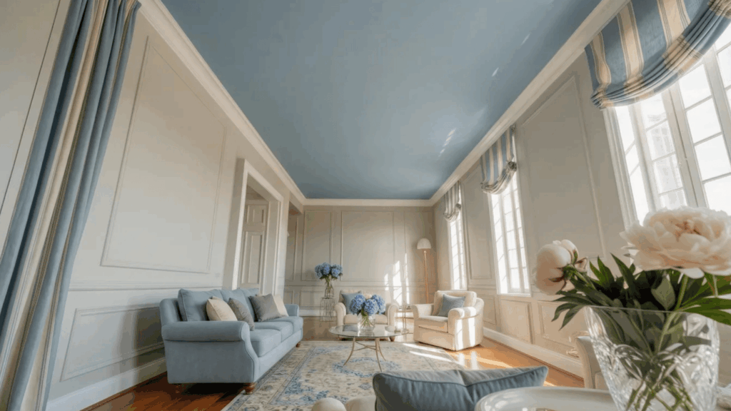 living room with blue ceiling, white paneled walls, light blue sofa, and large windows with soft curtains