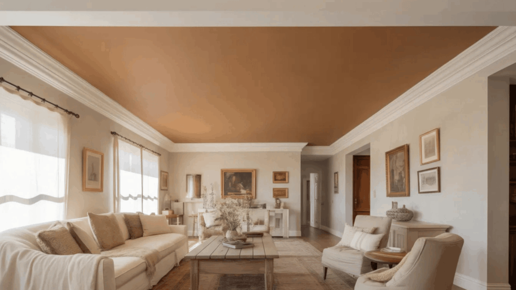 living room with brown tray ceiling, cream sofa, classic artwork, and wooden coffee table