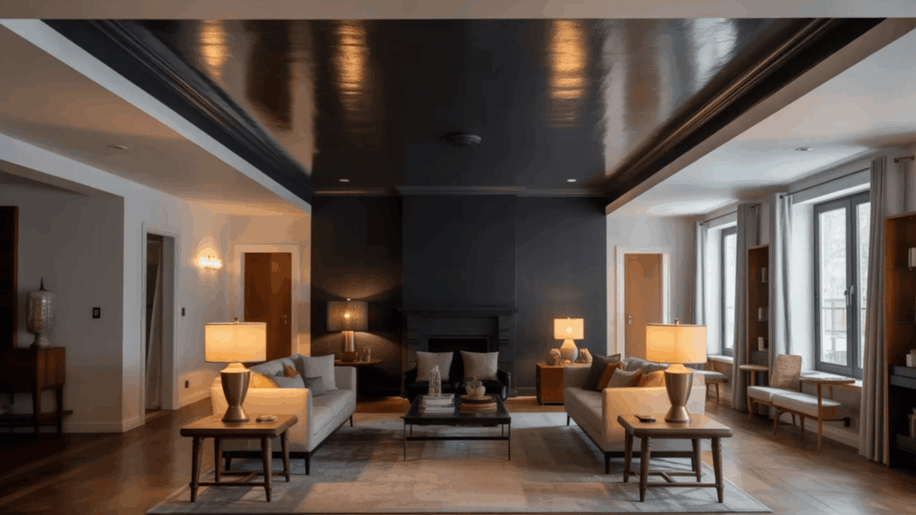 living room with dark, glossy ceiling, modern furniture, a fireplace, and large windows letting in natural light