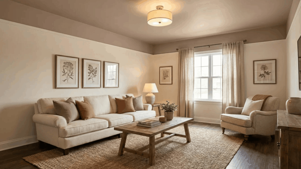 living room with neutral toned furniture, framed botanical prints, a wooden coffee table, and soft curtains