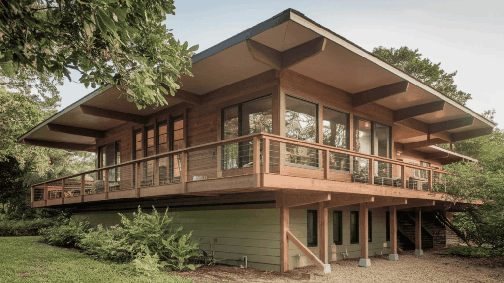 low, horizontal rooflines of a deck house