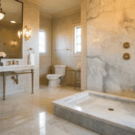 luxury marble bathroom with walk-in shower, gold fixtures, large mirror, and classic vanity