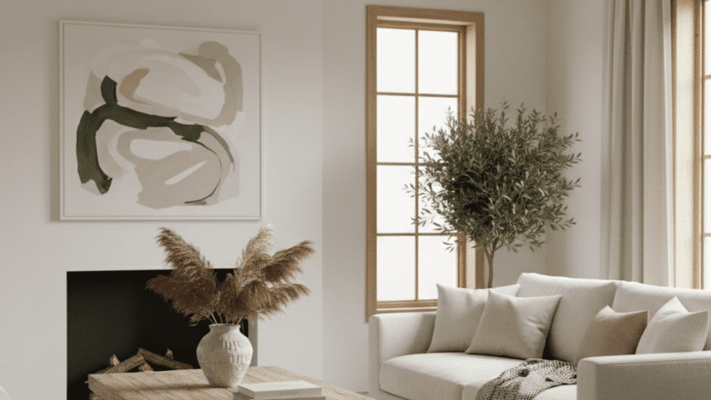 minimalist living room with neutral furniture, a wooden coffee table, and large windows