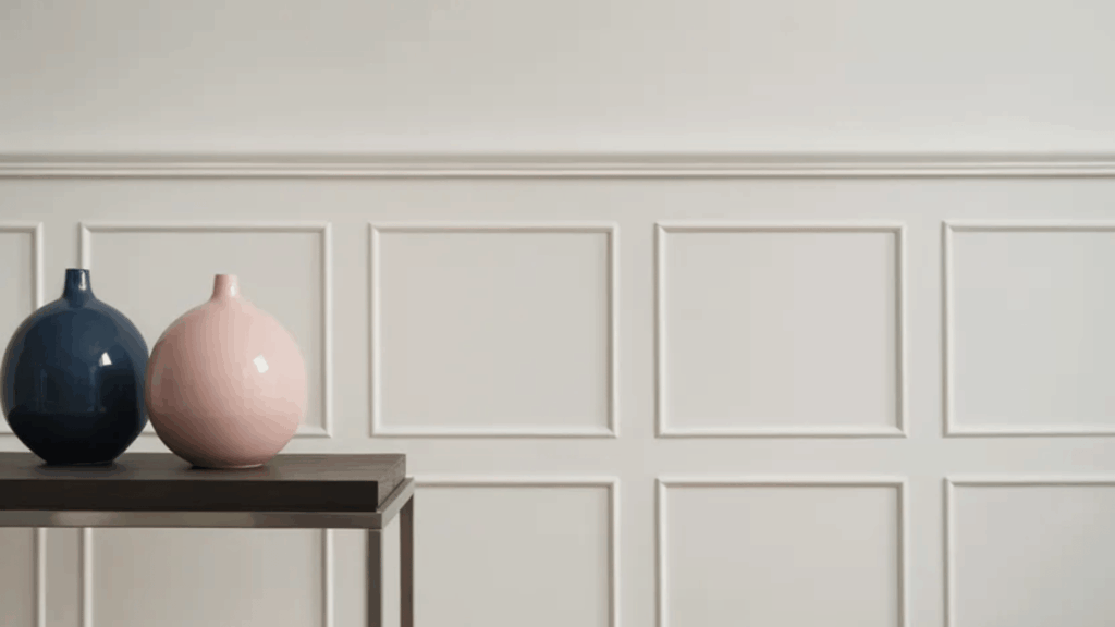 minimalist table with blue and pink vases, against a white paneled wall