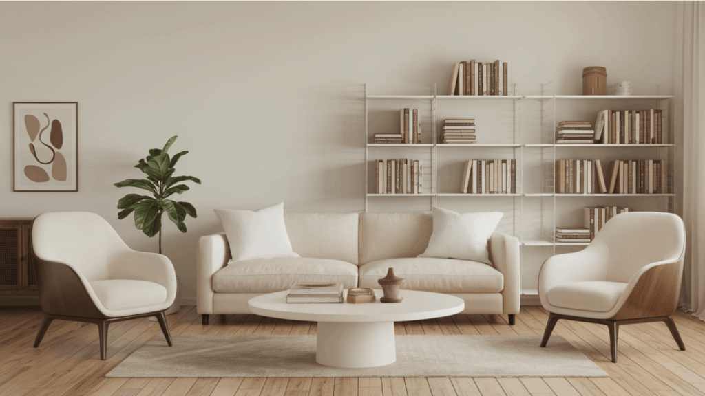 modern living room with matching armchairs, neutral sofa, white shelving, and cohesive wood accents