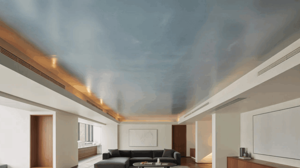 modern living room with sleek blue ceiling, recessed lighting, and a dark sectional sofa