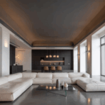 modern living room with white modular sofa, sleek black kitchen in the background, large windows, and a minimalist ceiling with integrated lighting