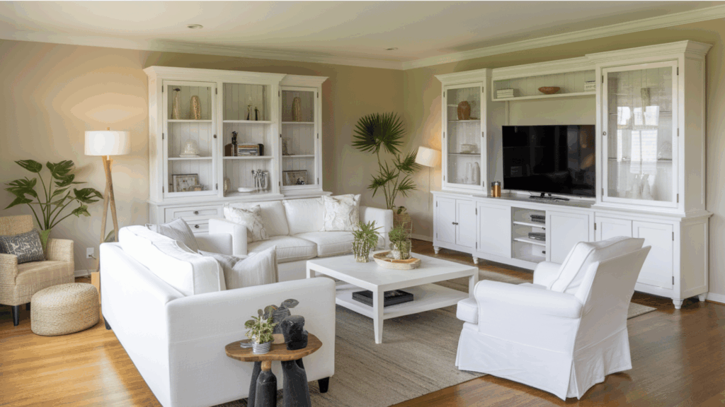 neutral living room with white furniture, matching cabinets, wood flooring, and cohesive decor accents.