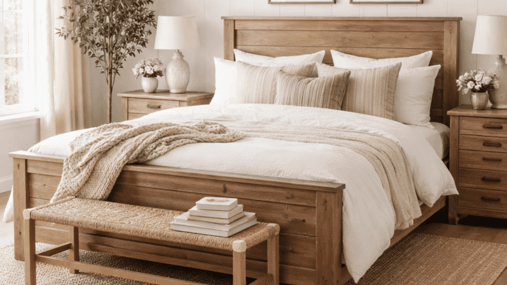 neutral-toned bedroom with wooden furniture, a woven light fixture, and soft bedding