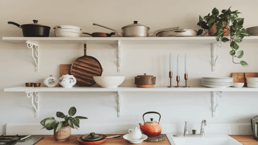 open kitchen shelves with cookware, dishes, a plant, and decorative items