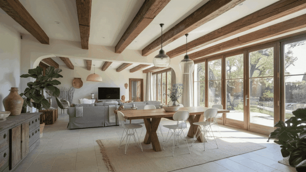 open living and dining space with wooden beams, a large dining table, and natural light from large windows