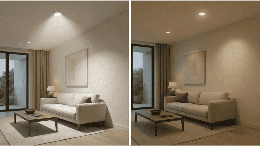 open trim vs closed trim recessed ceiling lights in a living room setting