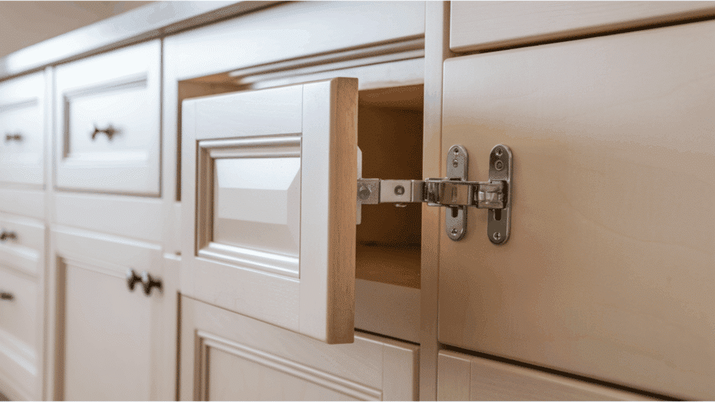 overlay hinge installed on a partially open cream face frame kitchen cabinet showing the full hinge arm and mounting plate