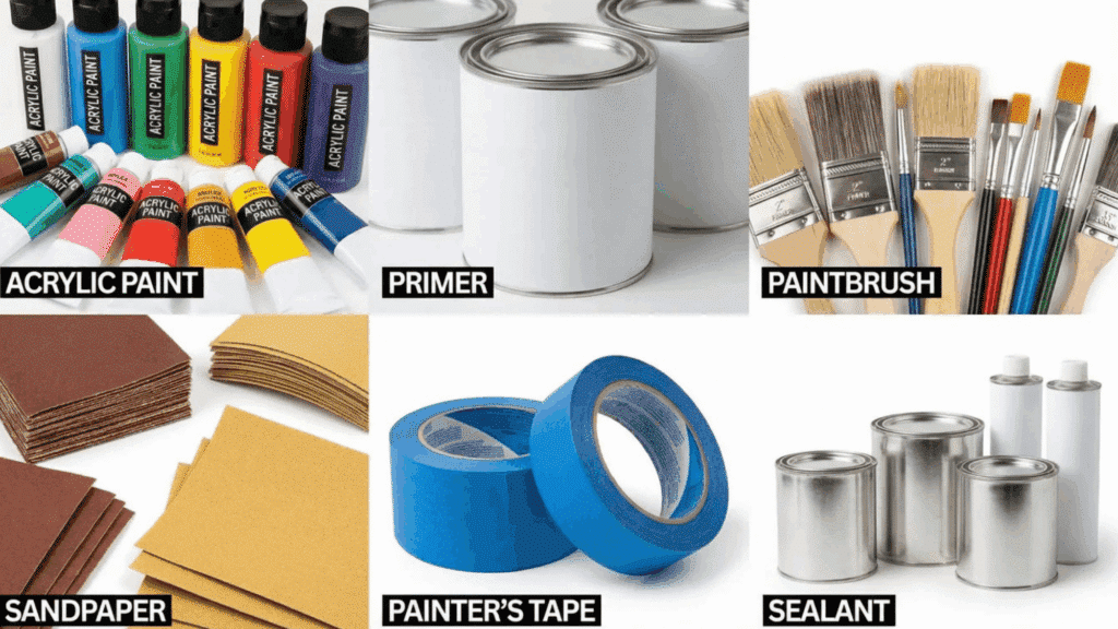painting supplies for wood_ acrylic paint, primer, paintbrushes, sandpaper, painter's tape, and sealant