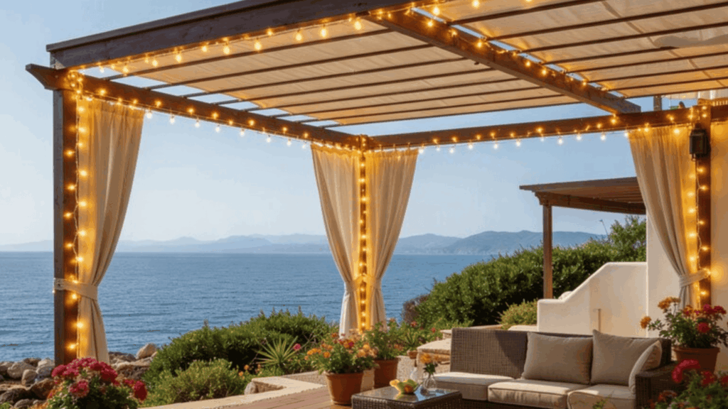 pergola fitted with outdoor curtains in light linen, drawn for privacy and wind protection